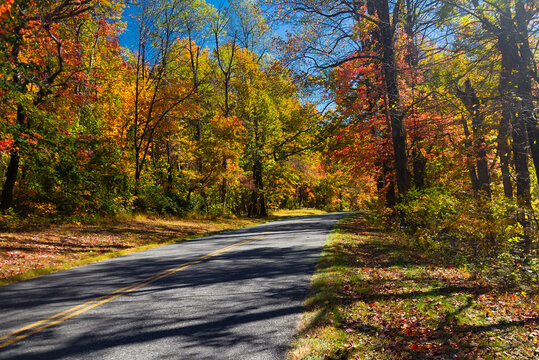 Winding autumn road on Blue Ridge Parkway surrounded by colorful fall foliage