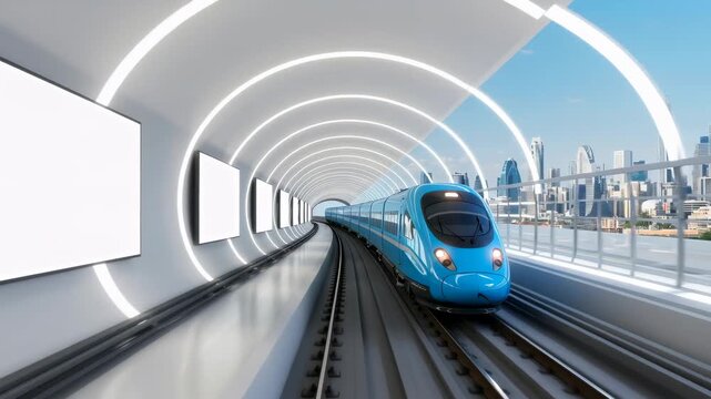 Blue subway train moving on an elevated track through a modern urban tunnel with blank billboards and a futuristic city skyline, animation