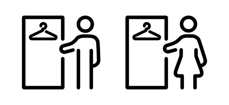 Mens and womens changing rooms line icon set with simple outline symbols. Vector illustration for public facilities, locker rooms.