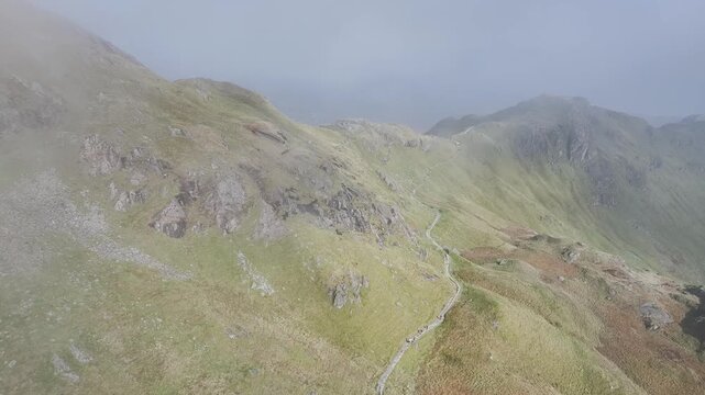 Pyg Track and Llyn Llydaw lake in clouds from a drone, Pen-y-Pass, mountain pass, Snowdonia, Gwynedd, north-west Wales, UK