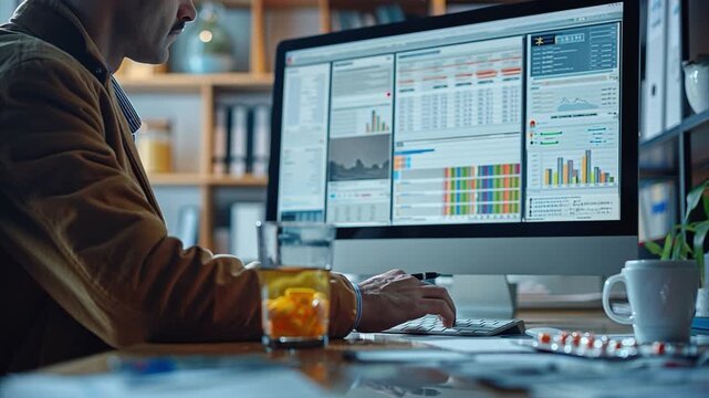 A person is focused on tasks at a computer, analyzing various data and charts within an office environment. It is daytime, and the workspace is organized and modern
