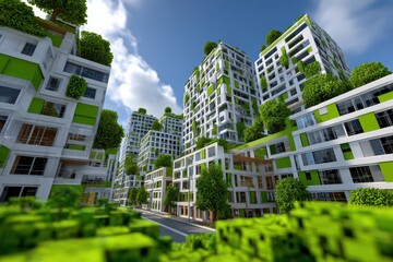 Fototapeta premium Modern eco-friendly city architecture with green facades and rooftop gardens under a blue sky.