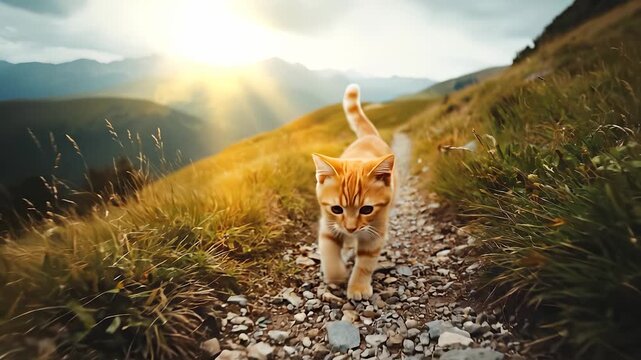 An orange cat walks confidently along a gravel path, surrounded by tall grass and mountains in the background. This cat explores its scenic environment under the warm sunlight.
