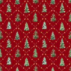 Watercolor seamless Christmas pattern with fir trees, gingerbread cookies, candy canes, and dried oranges. Perfect for holiday wrapping paper, textiles, wallpapers, and festive winter decor.