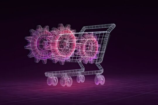 Innovative digital shopping cart concept with integrated gears symbolizing automation and advancement in e-commerce technology and paradigm shifts in retail infrastructure