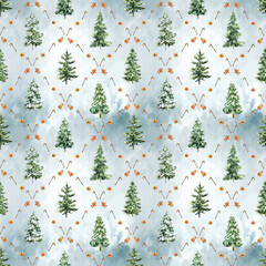 Watercolor seamless Christmas pattern with fir trees, gingerbread cookies, candy canes, and dried oranges. Perfect for holiday wrapping paper, textiles, wallpapers, and festive winter decor.