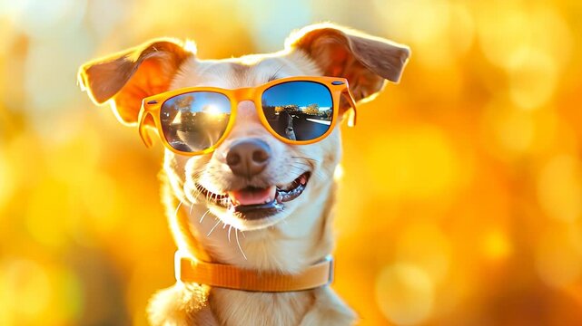A joyful dog with floppy ears observes its surroundings, displaying a curious attitude. This dog is highlighted by a warm, glowing background, adding to its playful character.
