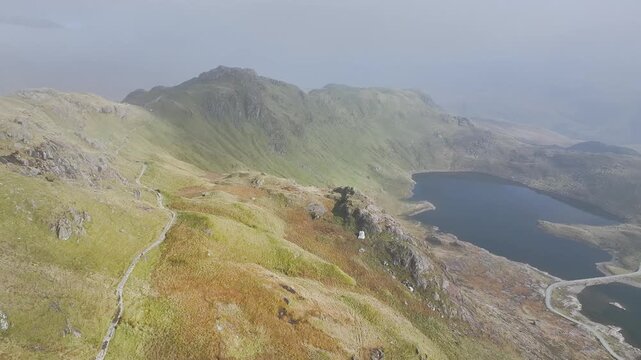 Pyg Track and Llyn Llydaw lake in clouds from a drone, Pen-y-Pass, mountain pass, Snowdonia, Gwynedd, north-west Wales, UK