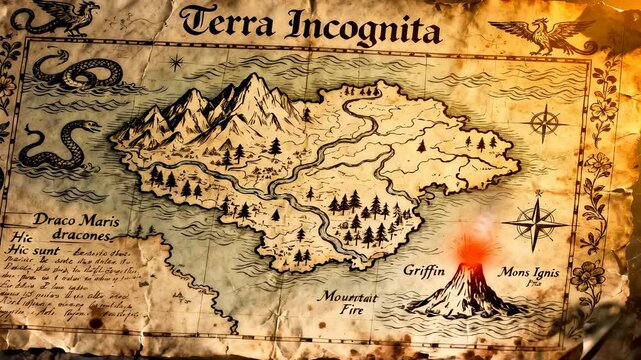 Uncharted fantasy world map on aged parchment. The land of Terra Incognita features dragons, a griffin, and an erupting volcano. World-building for an adventure quest or video game