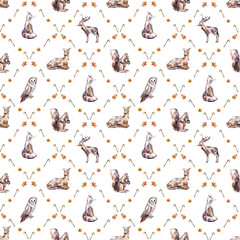 Watercolor Christmas seamless pattern with winter forest animals and festive treats. Features deer, fox, owl, squirrel, gingerbread cookies, dried oranges, and candy canes. 
