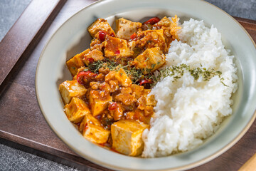 Mapo Tofu Rice Bowl (Mapo Doufu Fan), a popular and spicy Chinese dish from Sichuan province.