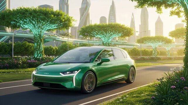 Green futuristic car driving through a smart city with glow trees and modern skycrapers, clean environmental transport technology footage.