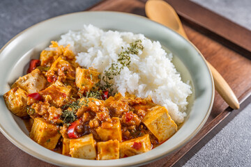 Mapo Tofu Rice Bowl (Mapo Doufu Fan), a popular and spicy Chinese dish from Sichuan province.