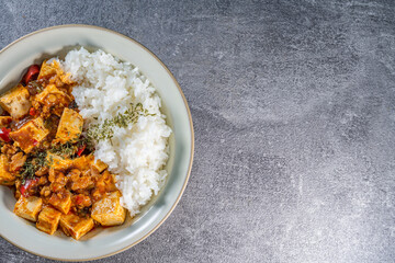 Mapo Tofu Rice Bowl (Mapo Doufu Fan), a popular and spicy Chinese dish from Sichuan province.