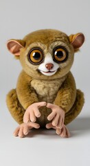 Cute Brown Lemur Doll Sitting on White Backdrop with Big Eyes