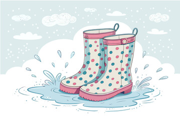Playful polka dot rain boots splashing in a puddle, perfect for springtime fun and carefree childhood adventures, originally designed as scalable vector art