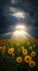 Sunflower Field Under Dramatic Sky with Bright Sun Rays, Floral Landscape