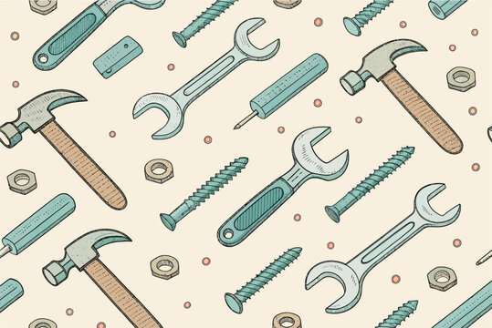 Seamless pattern featuring hand tools, ideal for DIY projects, construction themes, or handyman services, rendered in a vintage style, perfect for textiles