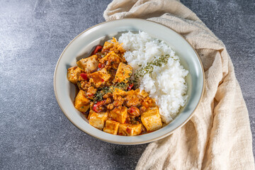 Mapo Tofu Rice Bowl (Mapo Doufu Fan), a popular and spicy Chinese dish from Sichuan province.