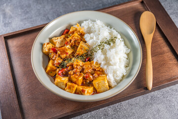 Mapo Tofu Rice Bowl (Mapo Doufu Fan), a popular and spicy Chinese dish from Sichuan province.