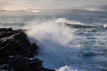 Photographing big waves, birds flying at sea, and the almost full moon!