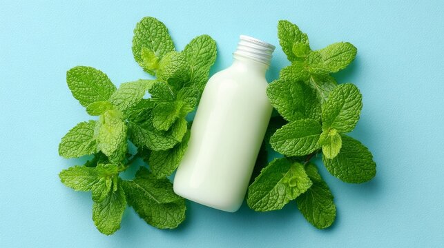 Bottle of cream and mint leaves smooth cream in bottle next to vibrant mint leaves evoking freshness and organic qualities