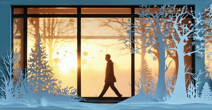Silhouette walks toward bright winter landscape. Papercraft style creates cozy, serene scene. Sunlight filters through trees.