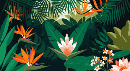 Lush tropical jungle landscape illustration with vibrant exotic flowers and rich green foliage, capturing the dense beauty of a natural rainforest habitat