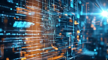 The digital interface displays vibrant blue lines and illuminated nodes, representing a complex network. This technological scene emphasizes the connection of data and innovation i - Powered by Adobe