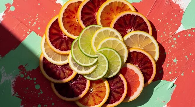 Slices of citrus fruits arranged on a painted surface top view