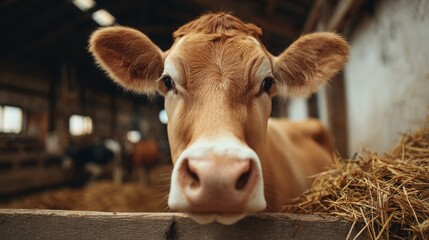 Brown cow standing indoor in wooden barn stall surrounded by hay. Domestic livestock cattle on a cowshed ranch, countryside