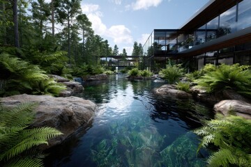 Tranquil natural landscape with modern architecture surrounded by lush greenery and clear waters
