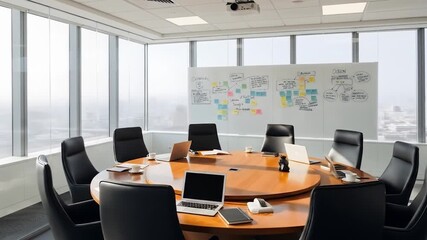 Modern boardroom with a large round table and city views, ideal for meetings and presentations