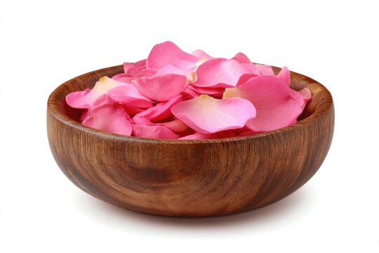 Rose petals fill a wooden bowl on a white background