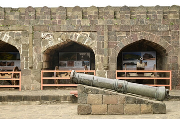 Daulatabad fort entrance in maharashtra india. Built with massive stone walls showcasing medieval military architecture and cultural heritage.It is now an  tourist attraction with historical building.