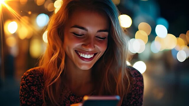 A woman interacts with her smartphone, surrounded by a warm glow of lights that enhance the evening atmosphere. This scene captures the woman's focus on the smartphone in a cozy se
