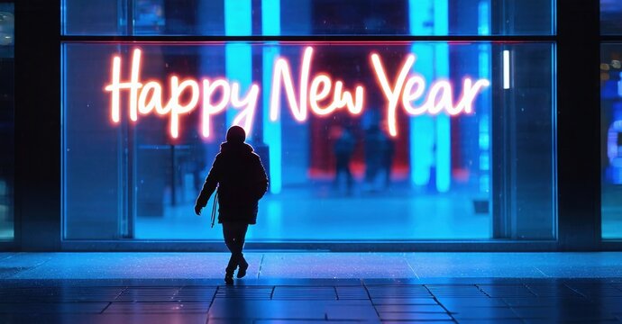 Person walks past bright Happy New Year sign. Night scene, blue tones dominate, storefront visible. Festive mood conveyed.