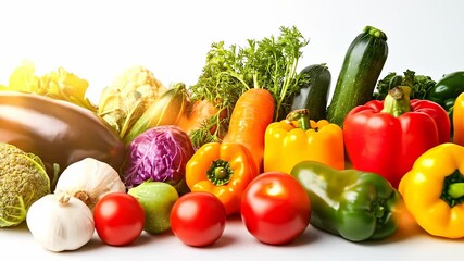 A vibrant display of fresh vegetables is artistically arranged, showcasing colorful peppers, tomatoes, and leafy greens. This scene highlights the variety and freshness of the vege - Powered by Adobe