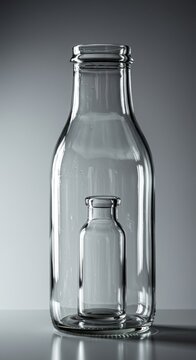 A clear glass miniature bottle captured inside a much larger transparent glass bottle standing upright on a clean white surface backdrop, illusion, inside, paradox