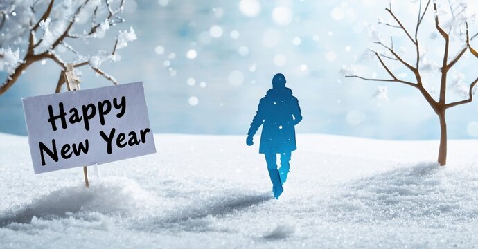Winter scene shows person walking toward bright light. Snow covers ground, trees bare. Sign displays Happy New Year message.