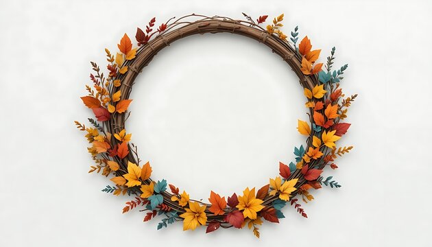 Beautiful Autumn Wreath with Colorful Fall Leaves on a White Background.