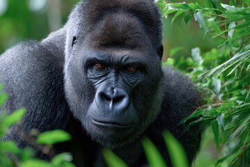 Fototapeta premium Majestic gorilla gazes through lush green foliage in a forest habitat