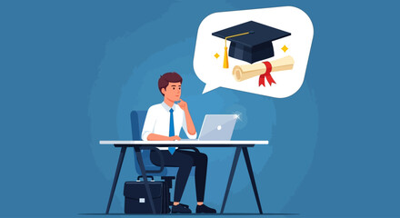Man contemplating higher education and career advancement while working at his desk