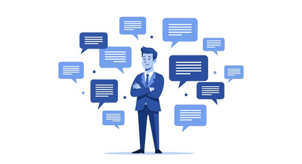 A confident businessman in a suit stands with his arms crossed surrounded by blue speech bubbles, symbolizing communication and ideas