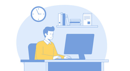 Man working on a computer at his desk in an office, with a clock on the wall and books on a shelf