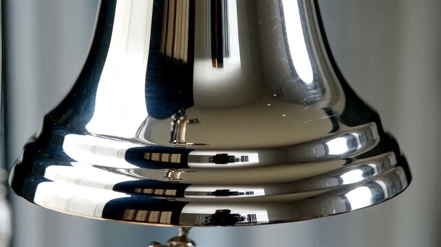 Close-up view of a highly polished silver bell with tiered layers, showing blurred reflections against a light and subtly textured background