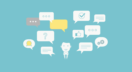 Communication concept with a person surrounded by speech bubbles and icons representing ideas and feedback