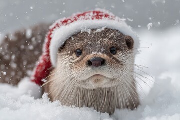 Otter in Santa hat in the snow