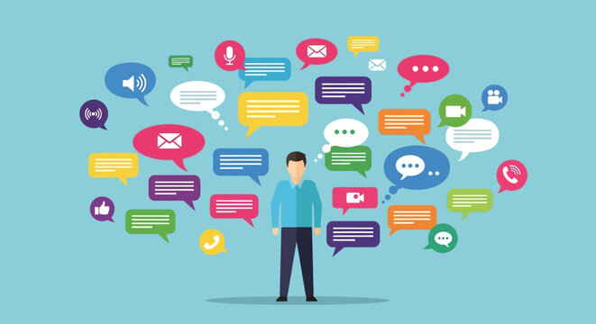 Communication concept illustration of a man surrounded by speech bubbles and icons representing different forms of communication and social media