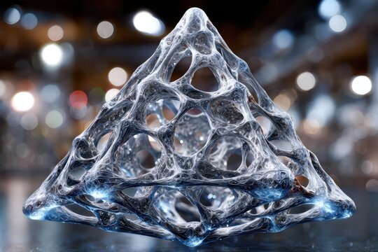 Intricate transparent pyramid sculpture with organic textures in a modern art gallery setting